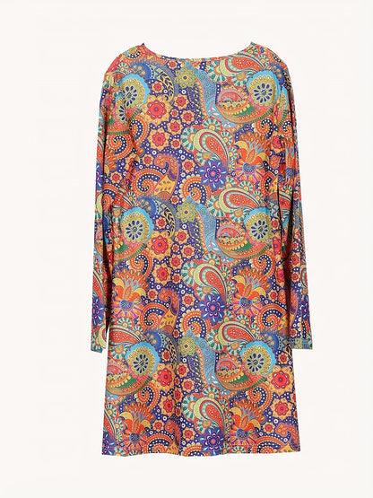 Women's Printed A-Line Dress – Long-Sleeve V-Neck Ruffle Summer Dress