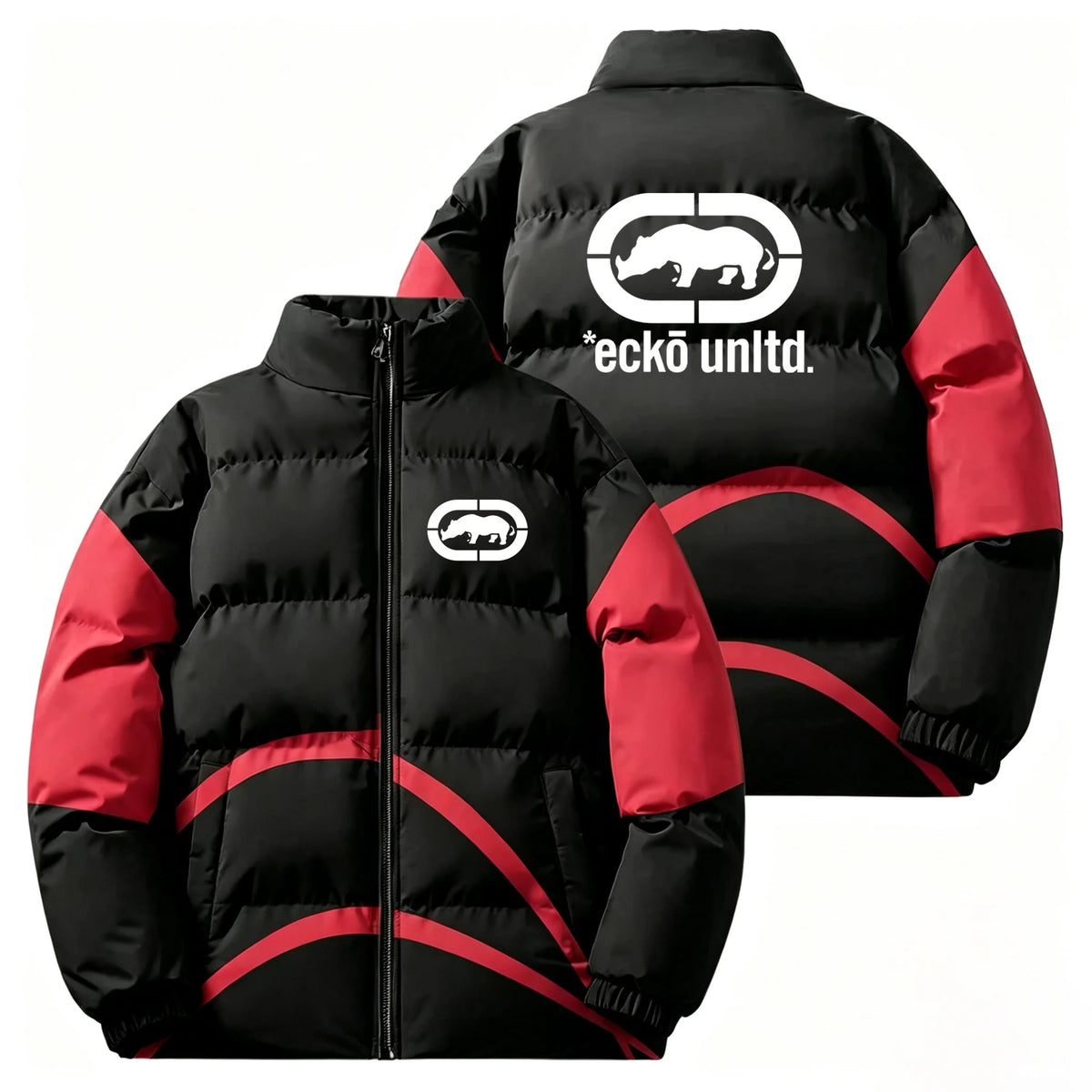 Winter Men Thick Padded Down Jacket Ecko Unltd Rhino Print Stand‑collar Zip Coat Hip‑hop Street Style Loose Warm Outerwear For D