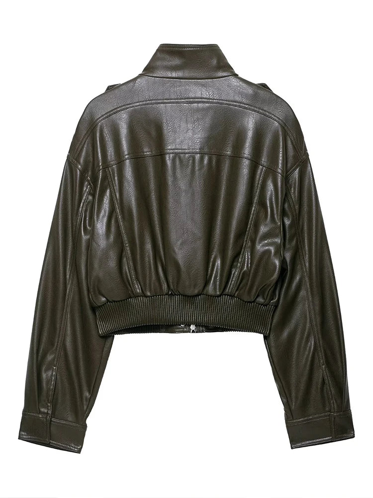 Faux Leather Jackets - Women's Casual Zipper Outerwear Coats With Turtleneck Collar