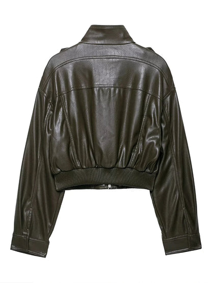 Faux Leather Jackets - Women's Casual Zipper Outerwear Coats With Turtleneck Collar