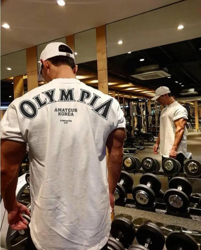 OLYMPIA Cotton Gym Shirt Sport T Shirt Men Short Sleeve Running Shirt Men Workout Training Tees Fitness Loose large size M-XXXL