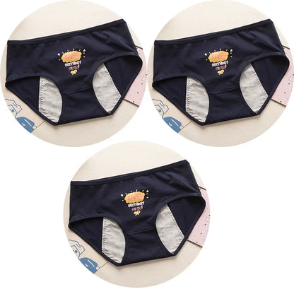 3PCS Cute Cartoon Period Underwear for Girls  Leakproof Teen Menstrual Panties 4-Layer Absorbent Reusable Washable Underwear