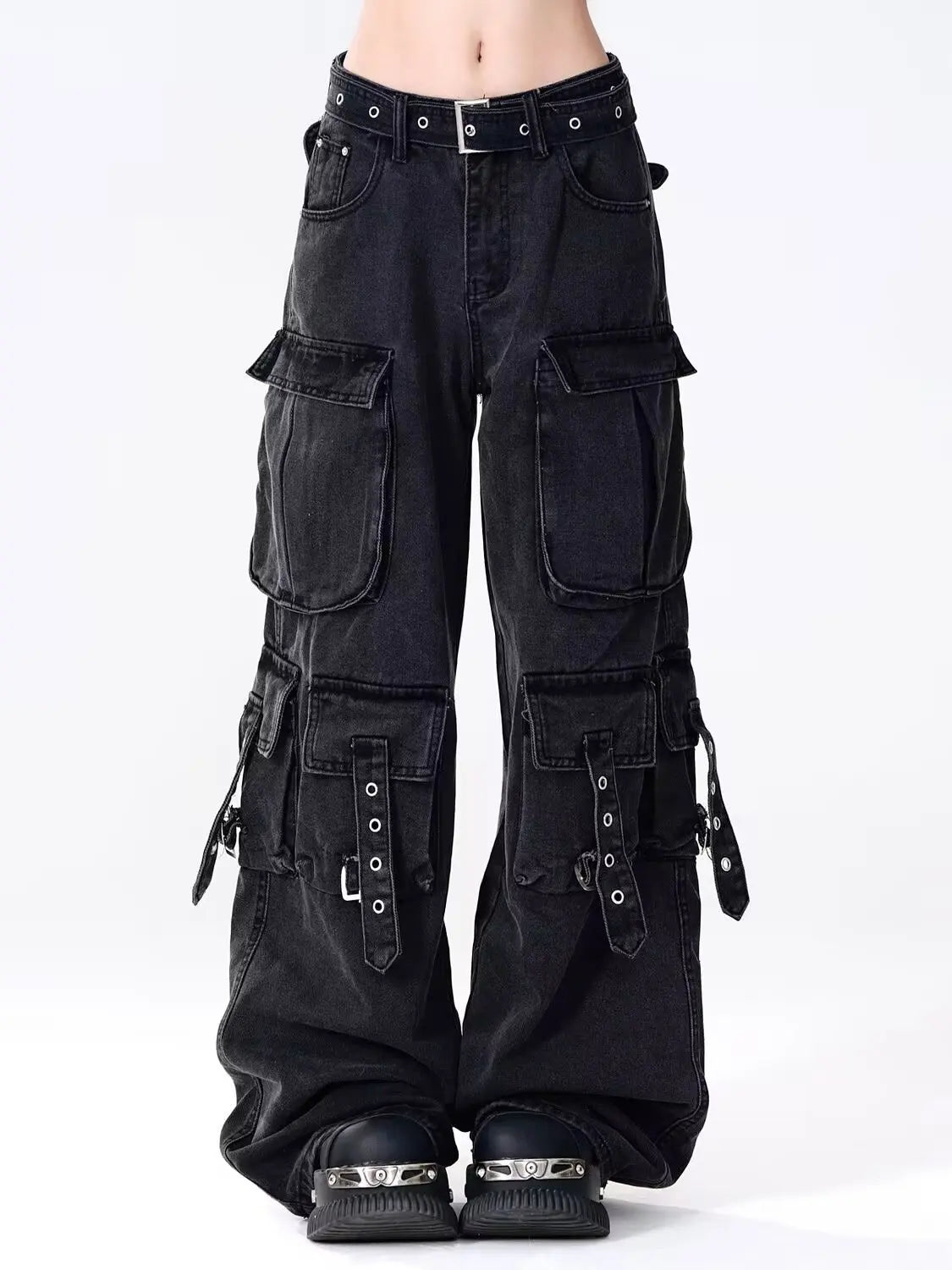 Women Y2k American Retro Mutil Pockets Cargo Jeans American Vintage Gyaru 2000s Aesthetic Grunge Jeans Straight Denim Pants
