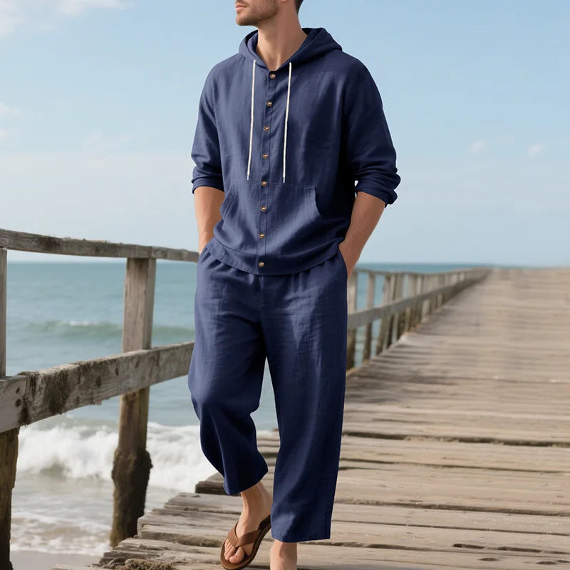 New Spring and Autumn Style Loose Men's Hoodie Set, Linen Material Beach Casual Two-Piece Suit