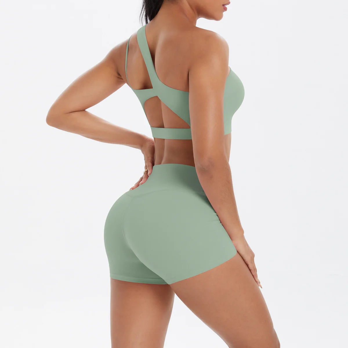 JUREN Yoga Clothes Set 2 Piece Gym Sports Shorts Set Women Tracksuit High Waist Shorts Fitness Suit Running Bra Workout Outfits