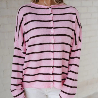 Contrast Striped Loose Cardigan for Women Long Sleeve Button Down Knit Winter Casual Daily Minimalist Sweater Outerwear