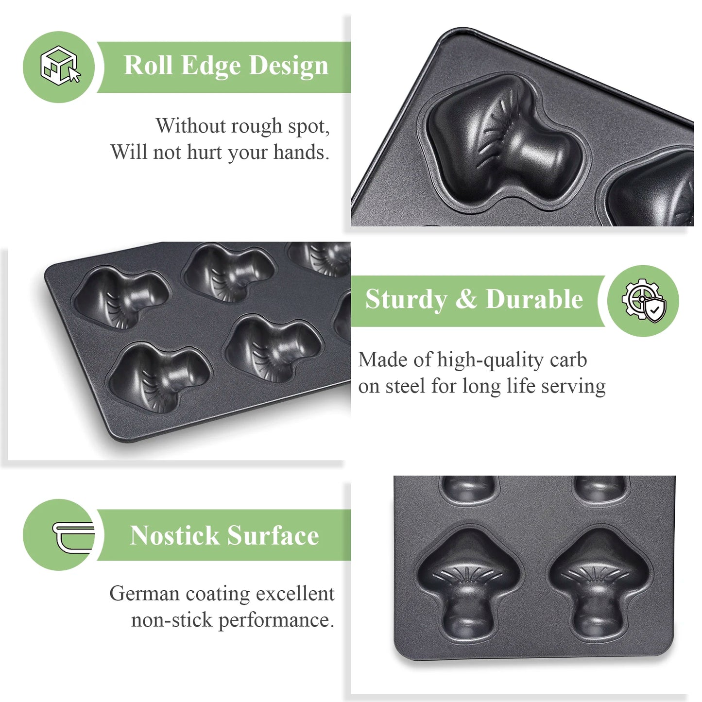 Carbon Steel Cake Pan | 8 Cavity Toast Bread Mold with Rolled Rim Edges & Eco Friendly Bakeware