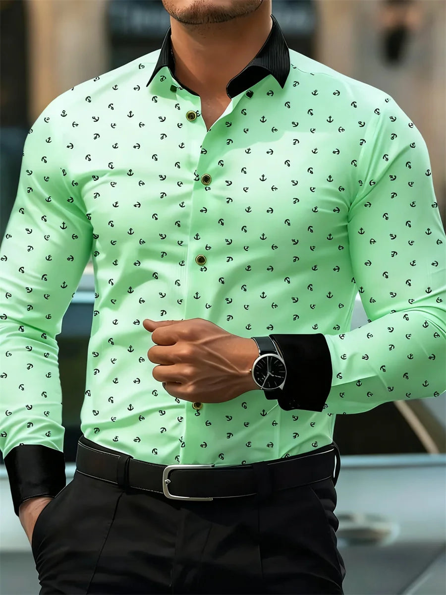New Men's Fashion Anchor Print Contrast Color Lapel Long Sleeve Shirt Business Casual Slim Fit Non-iron Versatile Shirt XS-6XL