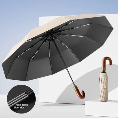 Windproof UV protection casual folding UPF50+automatic umbrella handle curved handle design, stylish design compact sun and rain