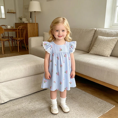 2026 New Summer 2-6Yrs Princess Round Neck Dress Striped Baby Girl Dress Flying Sleeve Cotton Embroidery Blue Sweet Dress