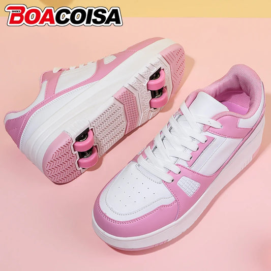 Roller Skate Shoes - Kids 4 Wheel Skates With Durable TPR Outsole & Lace-Up Closure