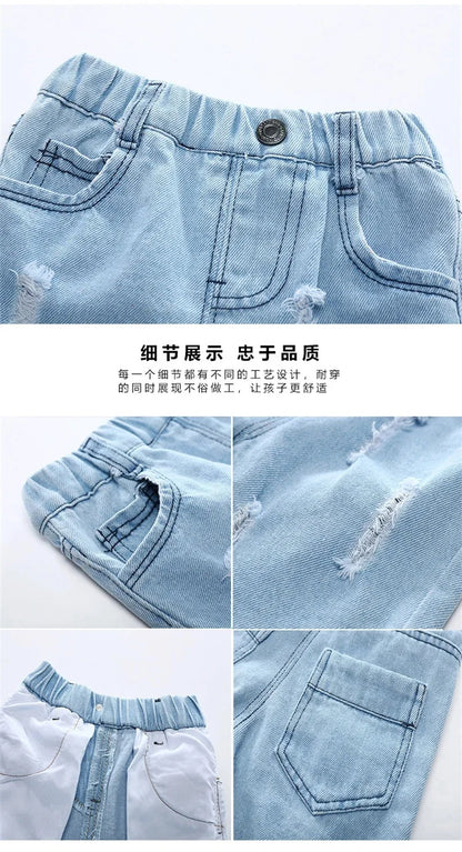 Kids Denim Boy Shorts - Casual Torn Jeans Knee Length Elastic Waist Fashion Trousers 2-8Y
