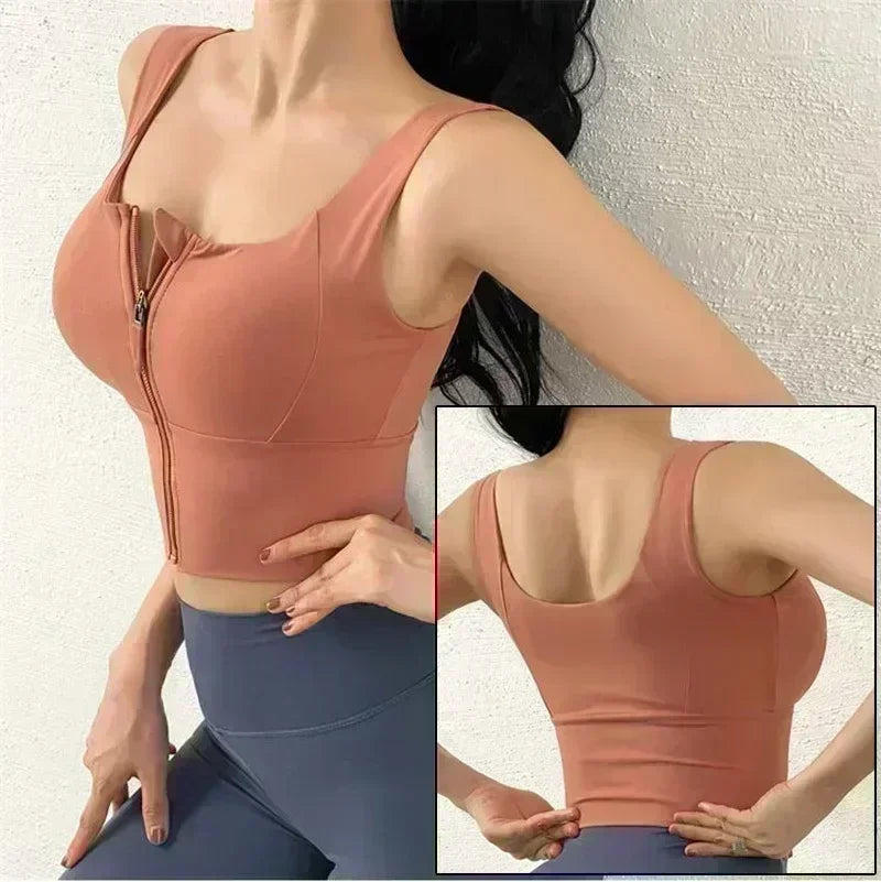 Front Zipper Sports Bra - Women's Athletic Crop Top, Push Up Wireless Fitness Tank