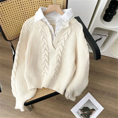 2025 Fashion New Casual Fall Winter Fake Two-piece Knitted Top for Women Autumn and Winter Long Sleeves Sweater for Women Tops