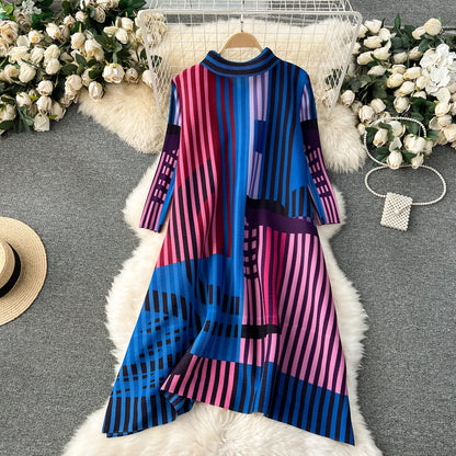 Miyake Pleated Drape Dress Women 2024 Spring Summer Colorblock Printing Lapel 3/4 Sleeve Single-breasted Fashion Shirt Dresses