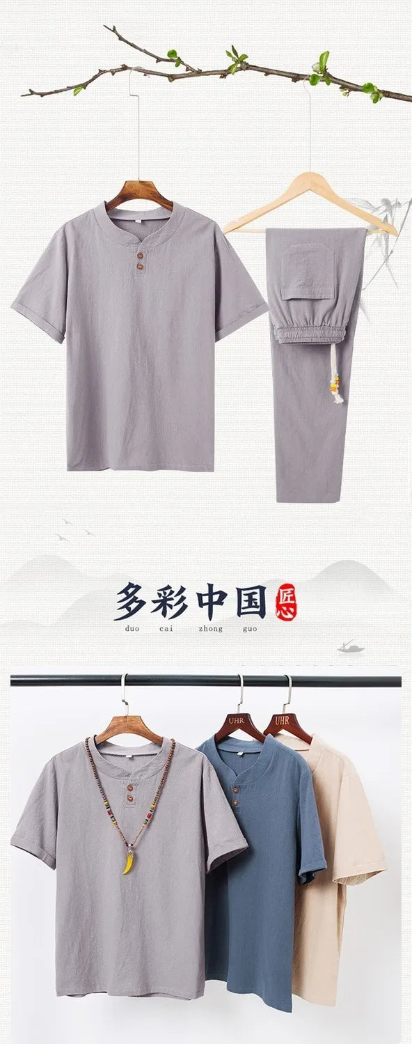 Linen Cotton T-shirt Men's Set Chinese Style Short Sleeve Sportswear +trousers 2 Piece Sets Summer Men Tracksuit Solid Suit