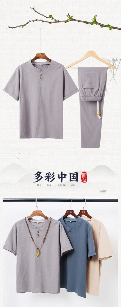 Linen Cotton T-shirt Men's Set Chinese Style Short Sleeve Sportswear +trousers 2 Piece Sets Summer Men Tracksuit Solid Suit