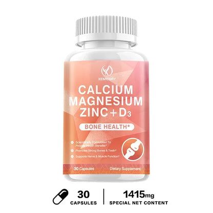 Calcium + Magnesium + Zinc + Vitamin D3 Capsules - Supports Bone and Nervous System Health and Improves Mood