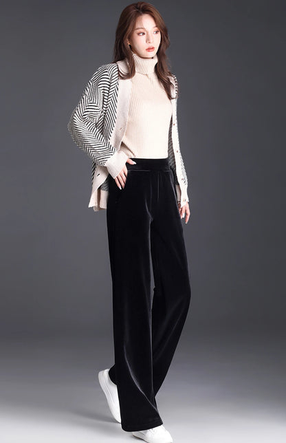 Korean style blue velvet wide leg pants for women in spring and autumn, high-end fashion, loose fit, plus size casual pants