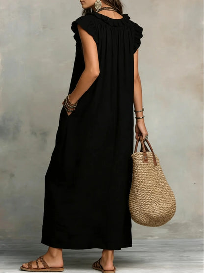 Women's Retro Bohemian Ruffle Linen Maxi Dress, Ruffle V-Neck Sleeveless Loose Summer Dress with Pockets, Summer Casual High-Waist Loose Beach Maxi Dress, Sunny Dress with Flutter Sleeves and Floor-Length Skirt