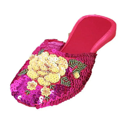 36-40 Women Slippers Sequin Embroider Shoes Summer Silk Fabric Flats Flower Closed Toe Soft Sole Non-slip Chinese Style Footwear