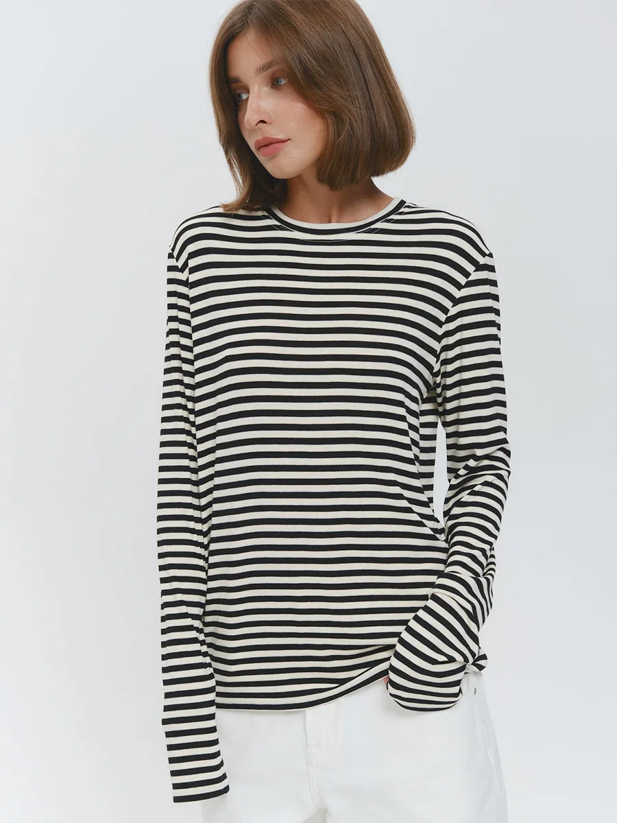 Bornladies Autumn New Fashion Women Cotton Striped Long Sleeve T Shirt Office Casual Simple Round Neck Pullover Tops & Tees