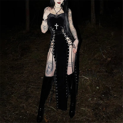 Goth Dark Punk Grunge High Split Hem Straps Dess 90s Streetwear Gown Women Sexy Corn Bandage Velvet Dresses Mall Gothic Clothing