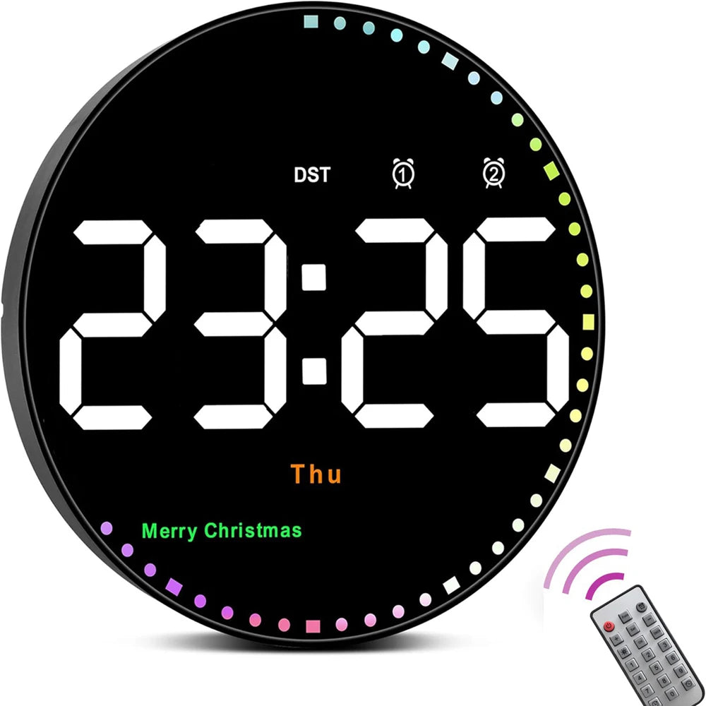 LED Wall Clock with Remote Control - Dual Alarms Calendar  Temperature Display Adjustable Brightness for Home Decor