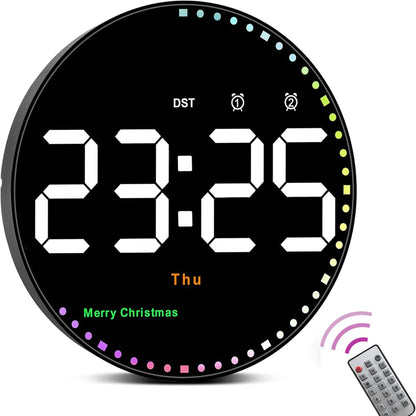 LED Wall Clock with Remote Control - Dual Alarms Calendar  Temperature Display Adjustable Brightness for Home Decor