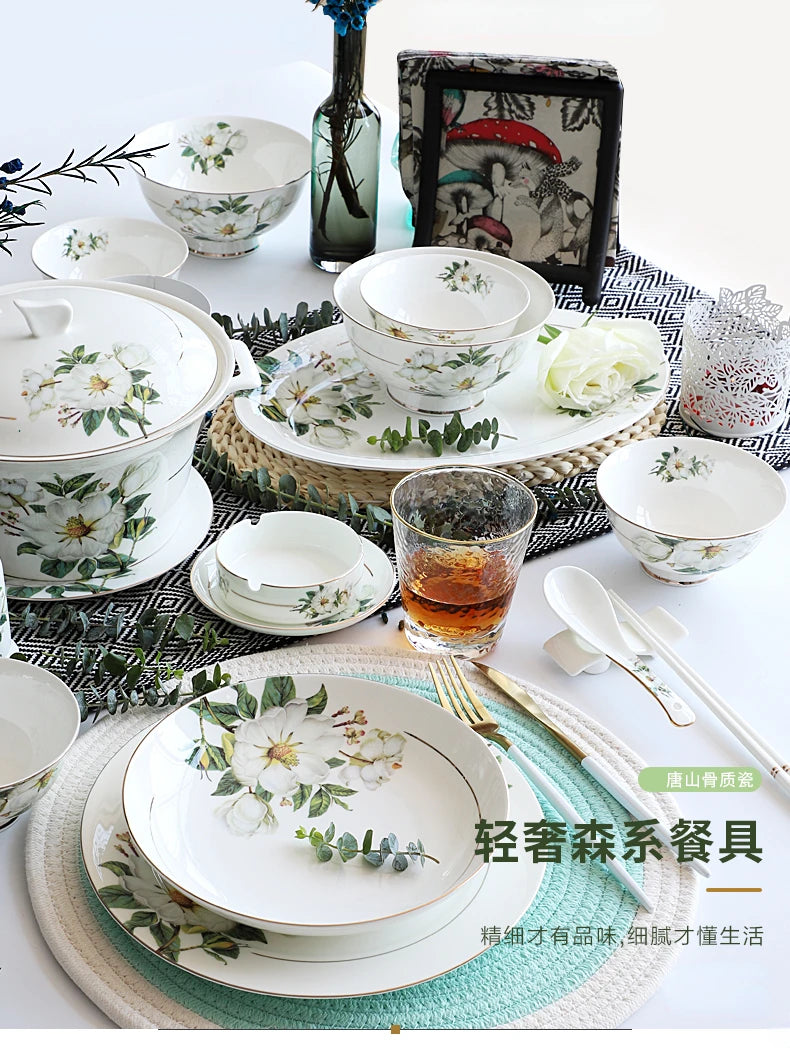Bone China Dinnerware Set - Floral Ceramic Plates Bowls  Soup Pots