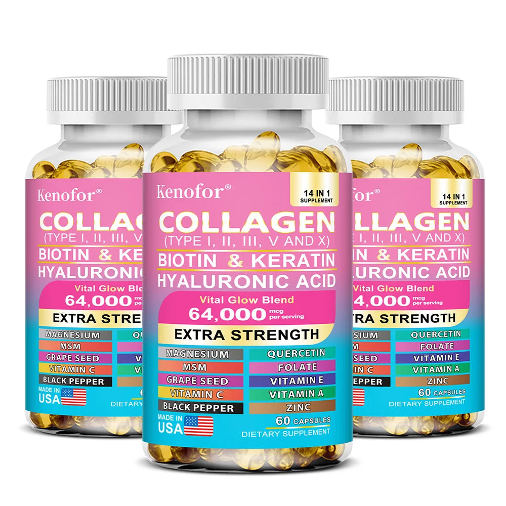 Collagen Capsules with Types I,II,III,V,X + Biotin Keratin Vitamins, Anti‑Aging, Skin Whitening, Hair, Nail Care & Joint Support