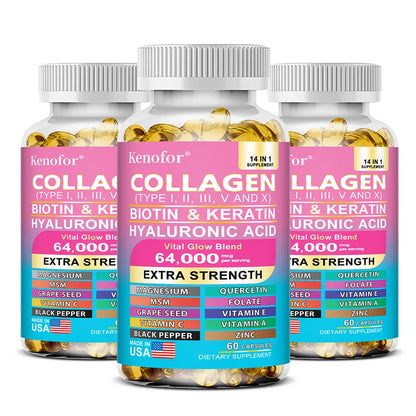 Collagen Capsules with Types I,II,III,V,X + Biotin Keratin Vitamins, Anti‑Aging, Skin Whitening, Hair, Nail Care & Joint Support