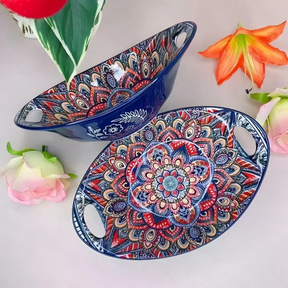 Bohemian Ceramic Salad Bowl Set - Microwave Safe Stackable Oval Plates with Handle 2PCS