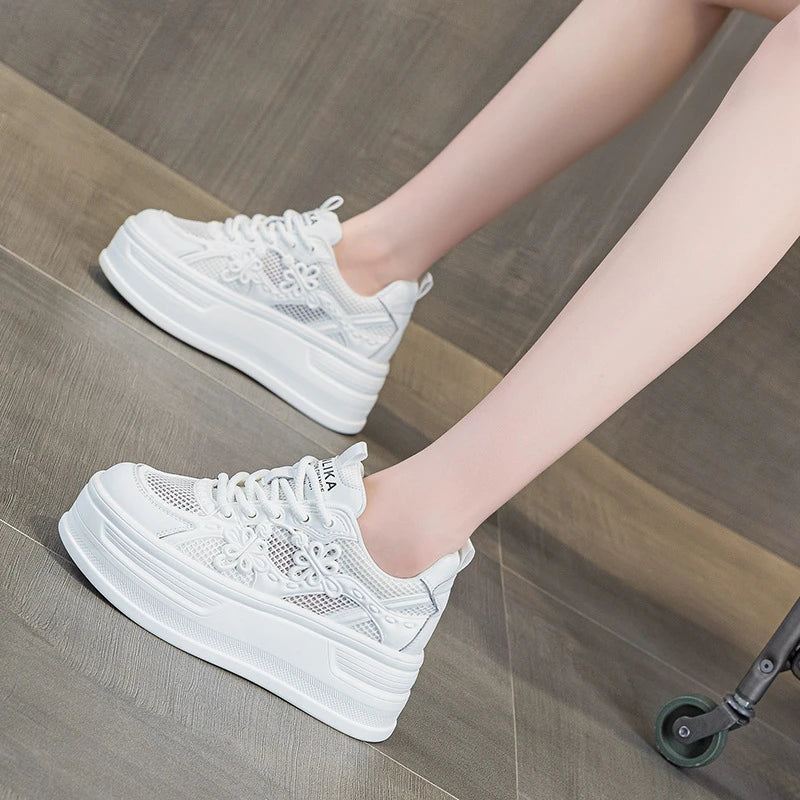 Womens White Mesh Platform Sneakers Breathable Thick Sole Casual Shoes With Flower Embroidery Lightweight Non Slip For Summer Da