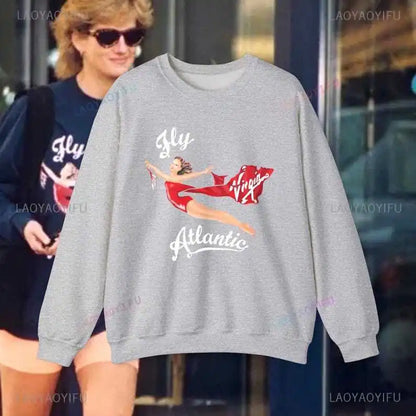 Fly Atlantic Princess Diana Sweatshirt Retro 80s Sporty Crewneck Winter Clothes Women Aesthetic Sweaters Casual Long Sleeve Tops