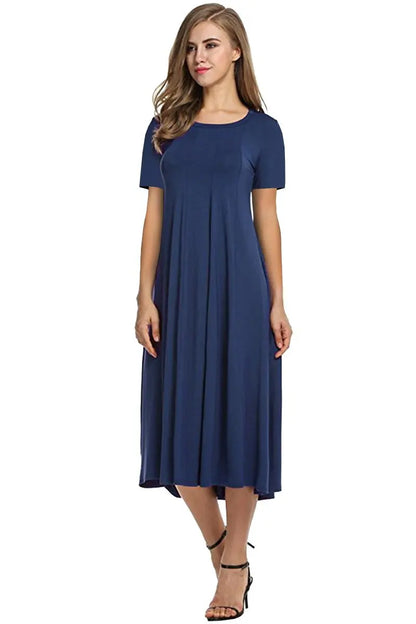2026 European and American Summer Women's Round Neck Short Sleeve Solid Color Flared Dress