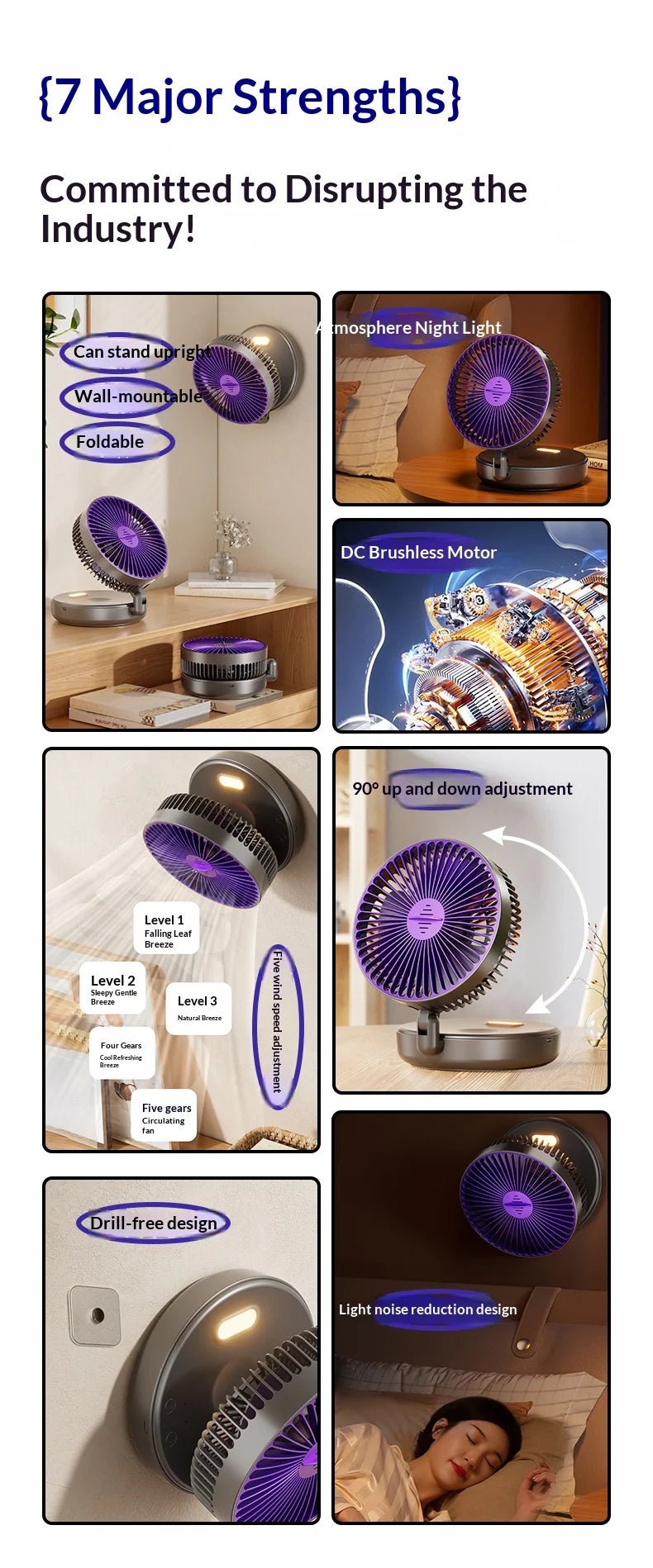 5000mAh Foldable Glow-in-the-Dark Fan Wall Mount Portable Quiet High-Speed Air Circulation Fan for Students Office Desk Fan