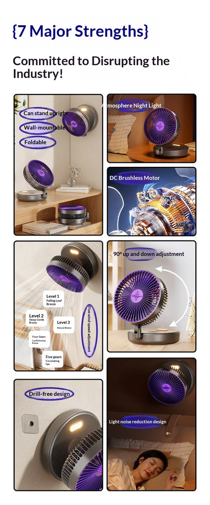5000mAh Foldable Glow-in-the-Dark Fan Wall Mount Portable Quiet High-Speed Air Circulation Fan for Students Office Desk Fan