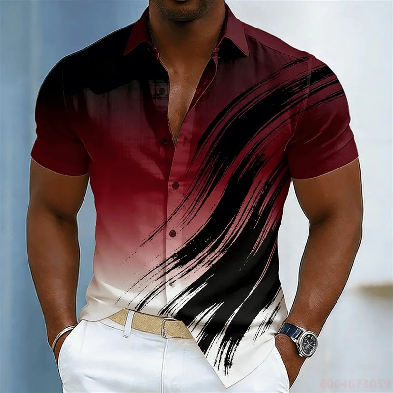 Men's color-blocked abstract striped short-sleeved shirt, summer fashion casual men's shirt, Hawaiian shirt, sizes XS-6XL.