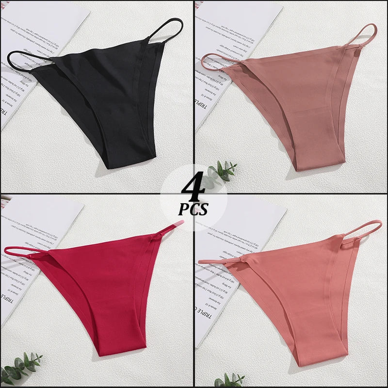 4PCS/Set Seamless Thin Strap Thong Underwear Women Low Rise Briefs Ice Silk Comfortable Panties Multi Color No Trace Lingerie