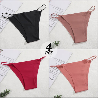 4PCS/Set Seamless Thin Strap Thong Underwear Women Low Rise Briefs Ice Silk Comfortable Panties Multi Color No Trace Lingerie