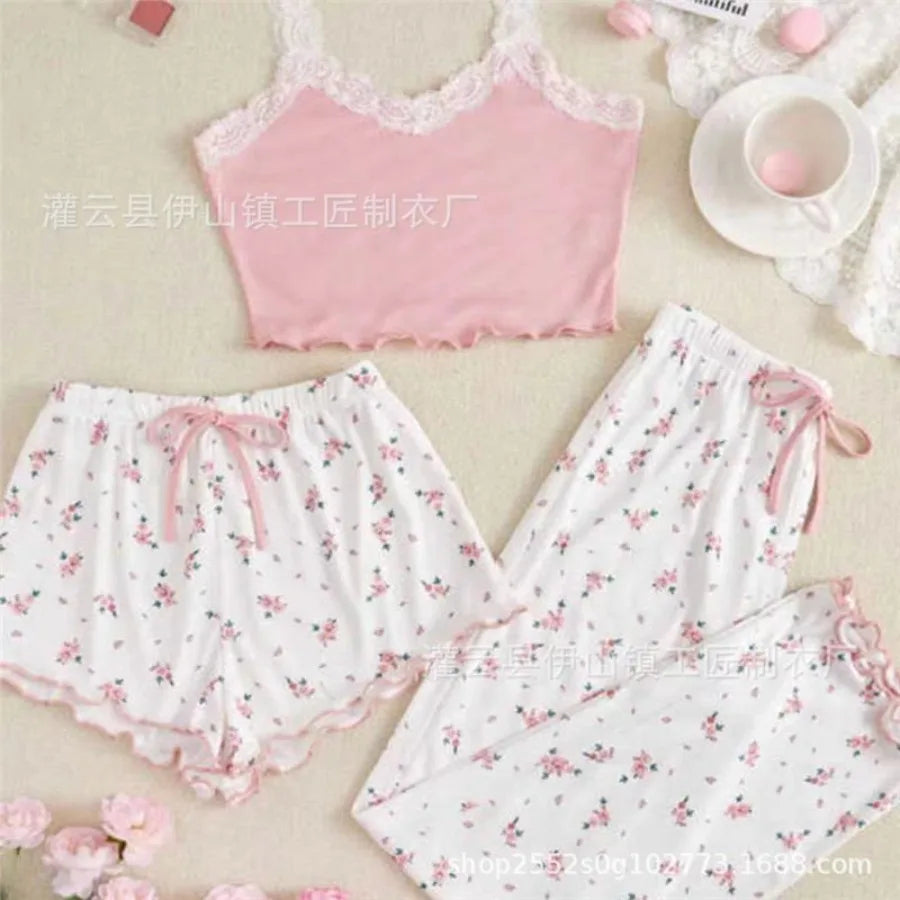 New sexy flower pajamas, women's suits, summer thin trousers, cute home clothing, three-piece suits, outerwear, fashion