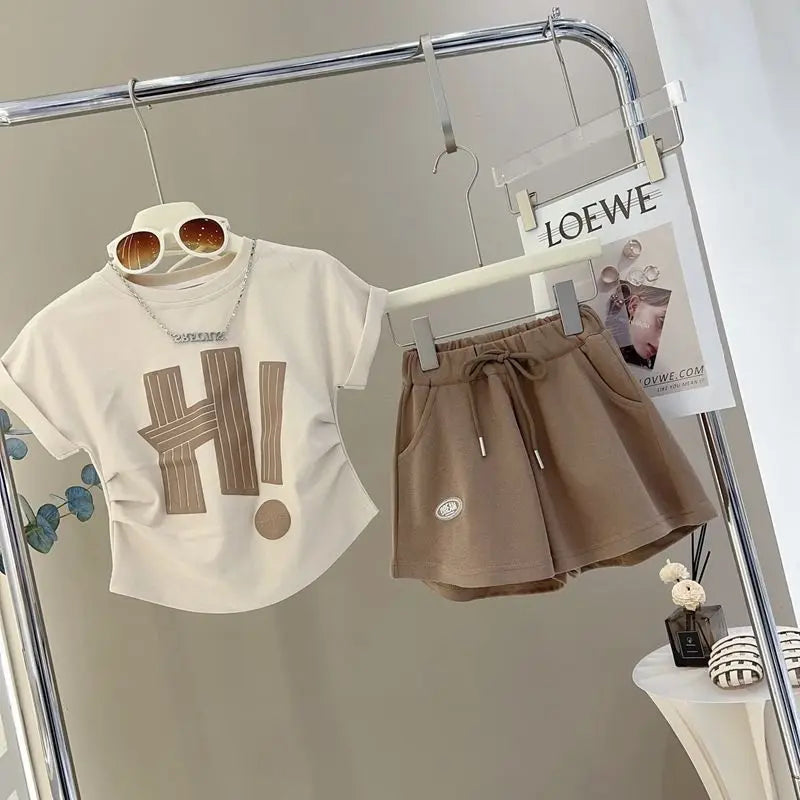 Girls Print Sets Summer Children Short-sleeved Suits Teenage Letter T-shirt+Shorts 2 Pcs Kids Clothing Tracksuit Outfits 3-12Y
