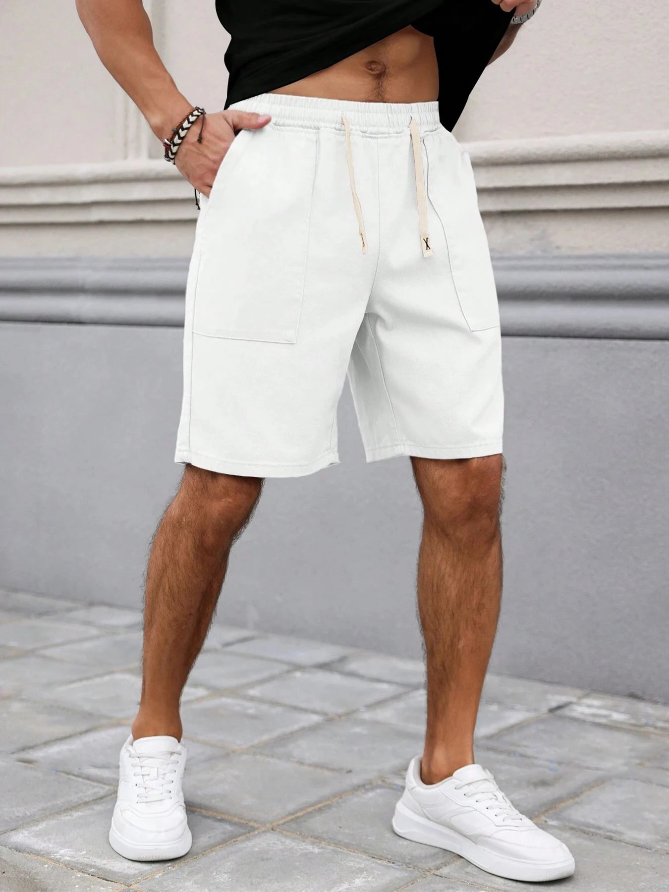 Summer Men's Retro American Style Shorts with Drawstring Casual Pants Included Solid Color Trendy Mid-Length Men's Shorts