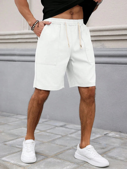 Summer Men's Retro American Style Shorts with Drawstring Casual Pants Included Solid Color Trendy Mid-Length Men's Shorts