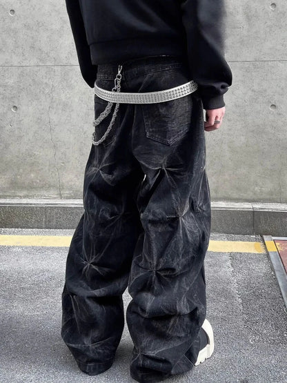 Mens Jeans Harajuku Y2K Streetwear Black Pleated Baggy Denim Pants High Street Hip Hop Wide Leg Loose Fit Casual Fashion Trend