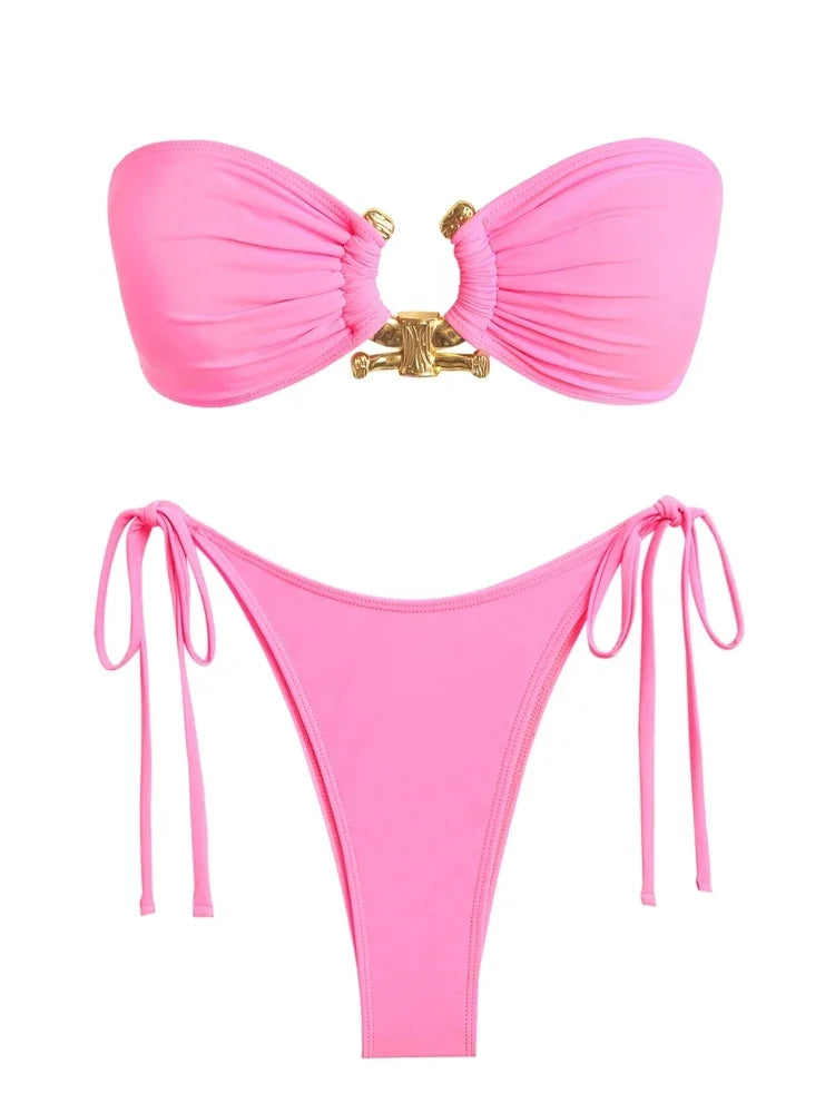 Shiny O Ring Bandeau Bikini - Womens Low Waisted Swimsuit with Padded Bra - ZOOMNSTORE