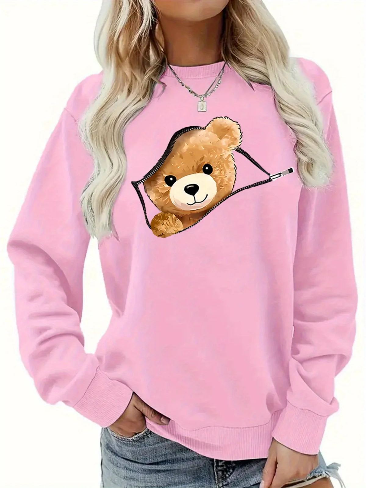 Women's Autumn and Winter Loose Casual Cartoon Zipper Bear Pattern Printed Velvet Long-Sleeved Round Neck Sweatshirt Pullover
