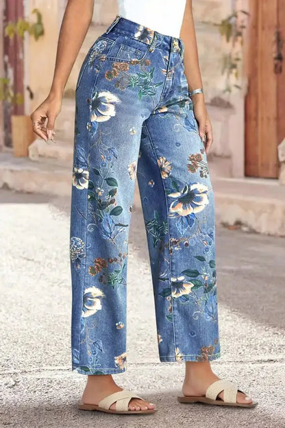 New for 2026: Women's Blue High-waisted Stretch Jeans, Vintage-style Loose-fit Wide-leg Denim Pants with A Floral Print.