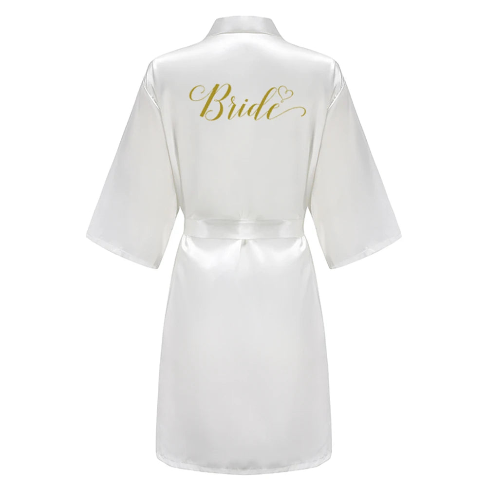 Light Blue Women's Satin Robe Short Kimono for Bride & Bridesmaid With White Letter, Wedding Party Robes
